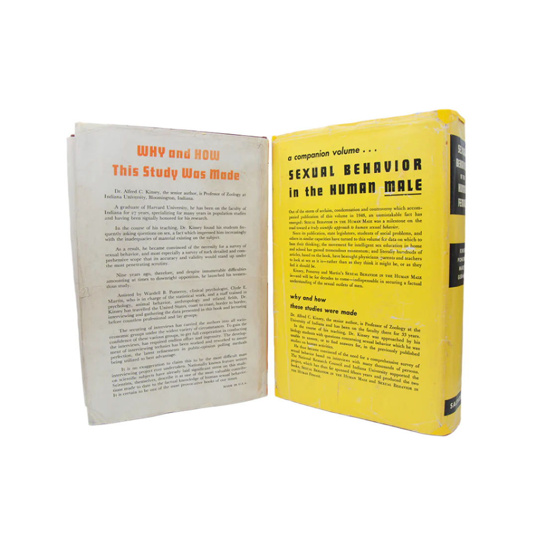 Sexual behavior in human male and female first edition books, photo from the back.